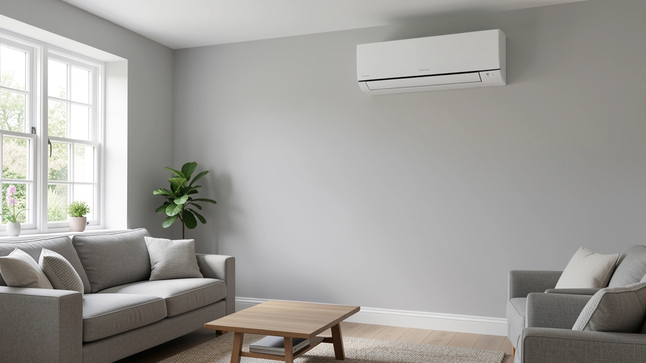 Wall-mounted air conditioning unit installed in a British living room