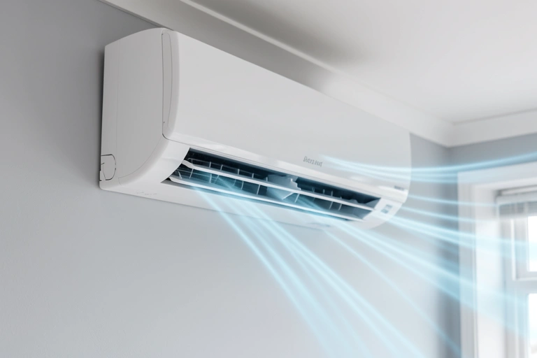 Wall-mounted air conditioning unit showing cool airflow